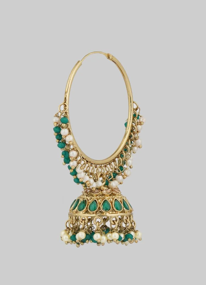 Gold Diamante with Green Beads and Pearl Bali Earrings - Image 2