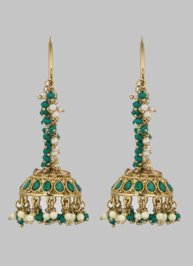 Gold Diamante with Green Beads and Pearl Bali Earrings - Image 3