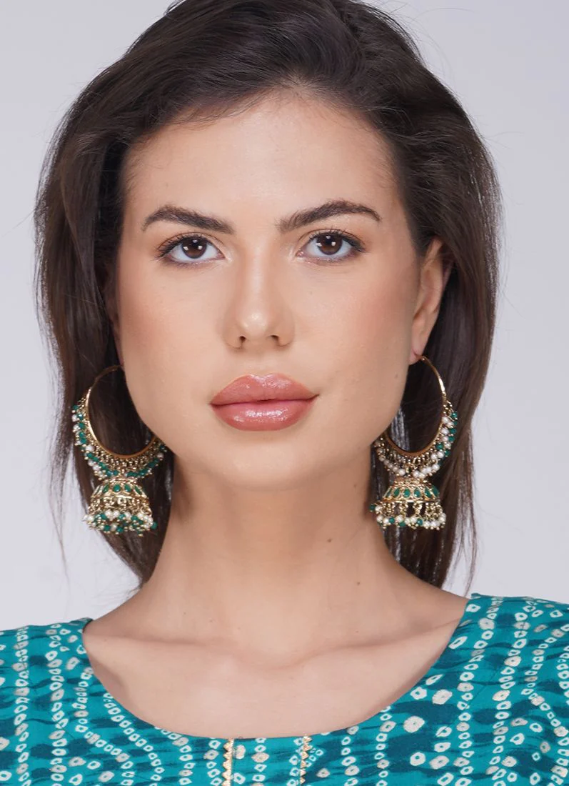 Gold Diamante with Green Beads and Pearl Bali Earrings - Image 4