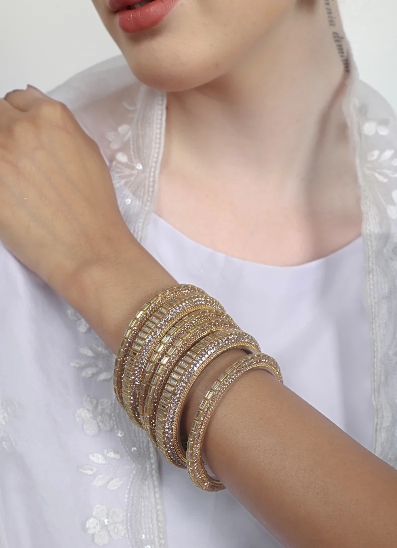 Gold Diamonte Mirror Bangle Set Elegant Statement Jewelry - Image 6