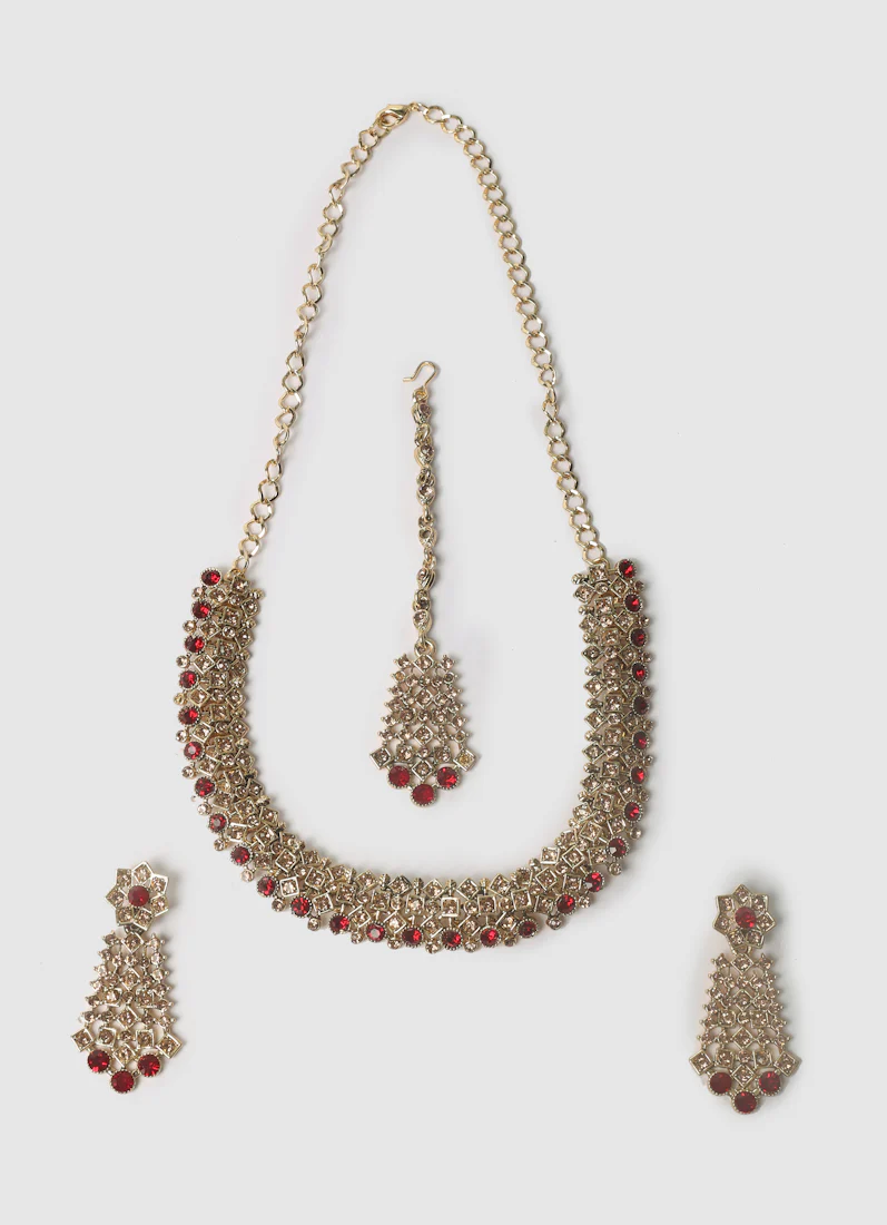 Antique Gold Necklace Set with Gold & Maroon Diamante Stones - Image 2