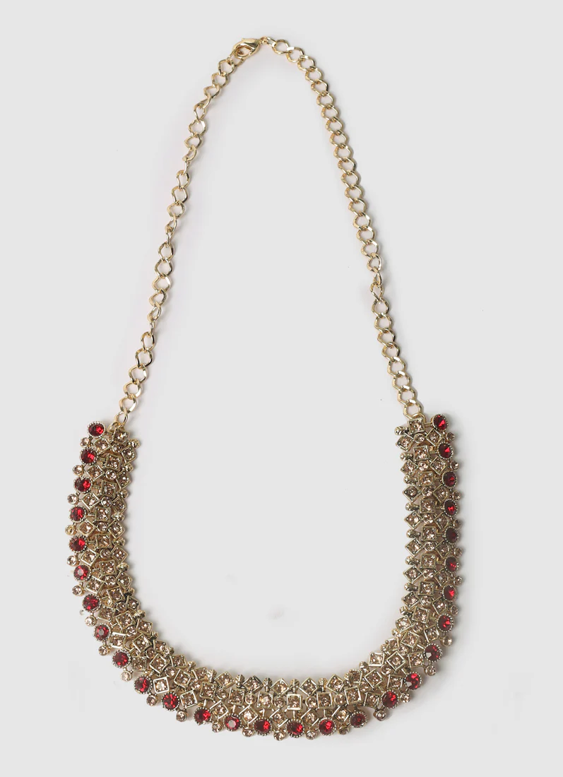 Antique Gold Necklace Set with Gold & Maroon Diamante Stones - Image 3