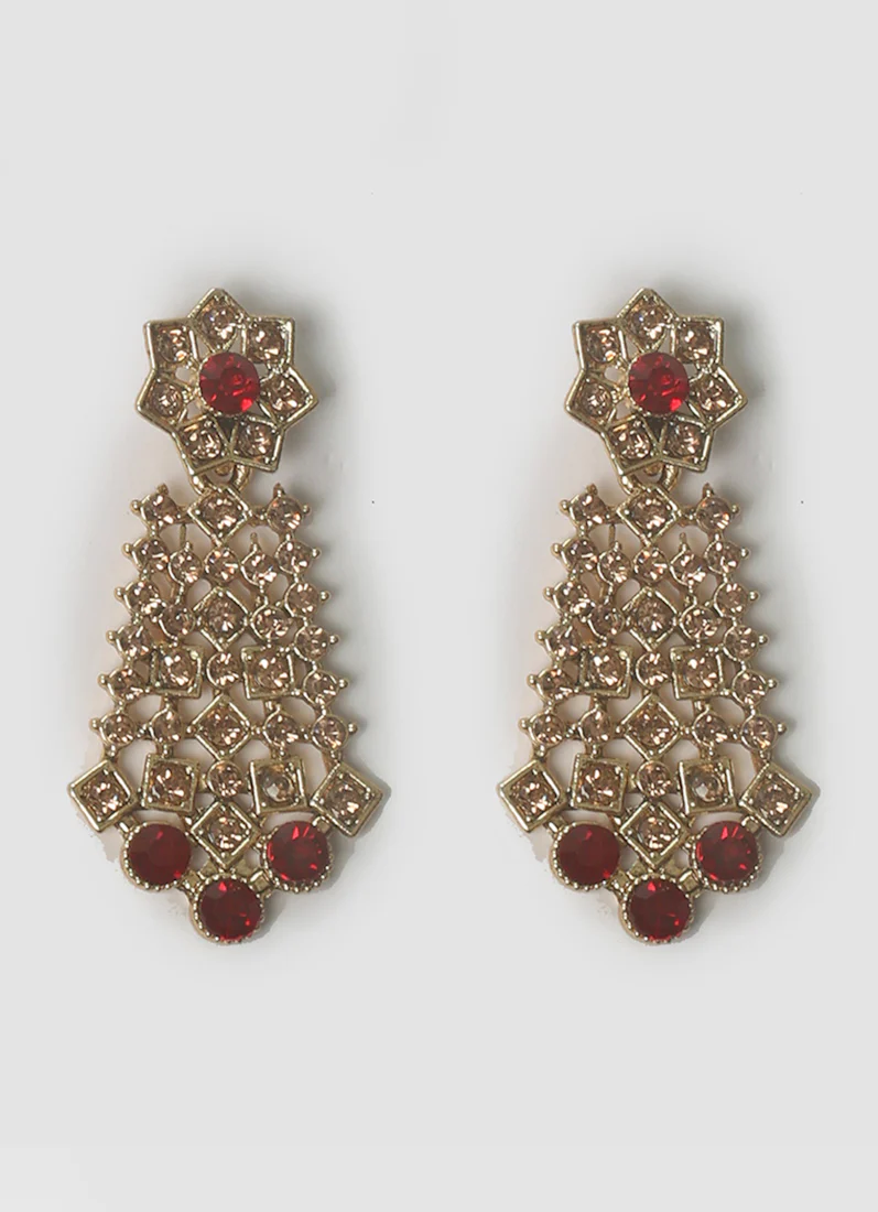 Antique Gold Necklace Set with Gold & Maroon Diamante Stones - Image 4