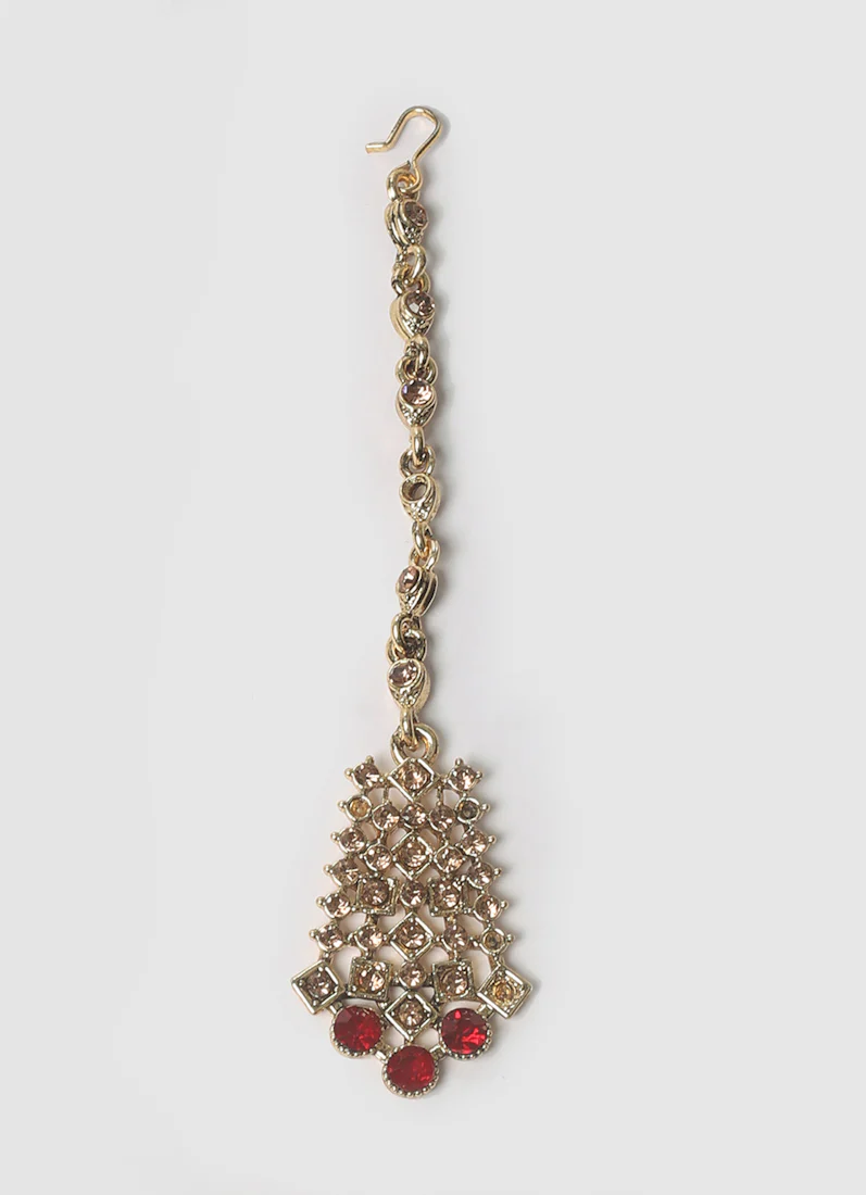 Antique Gold Necklace Set with Gold & Maroon Diamante Stones - Image 5