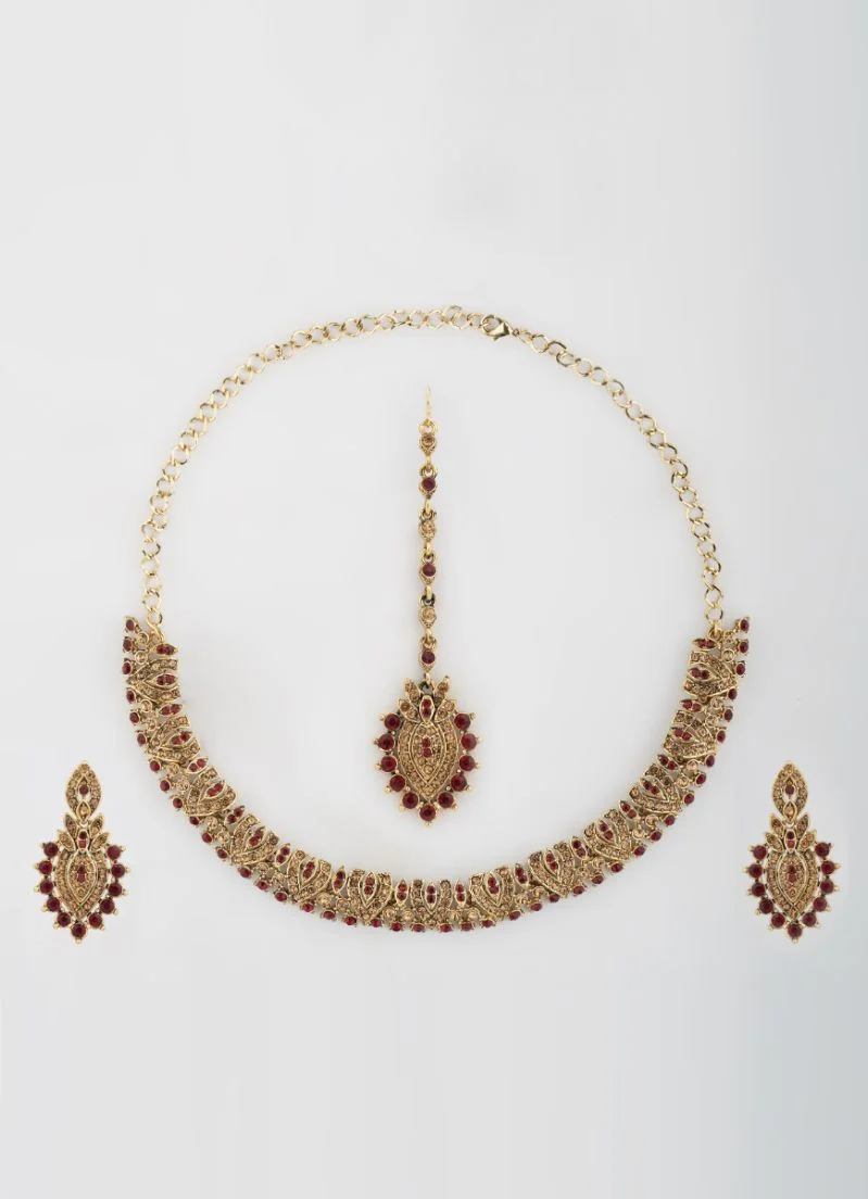 Gold & Maroon Diamonte Necklace Set with Earrings and Tikka - Image 2
