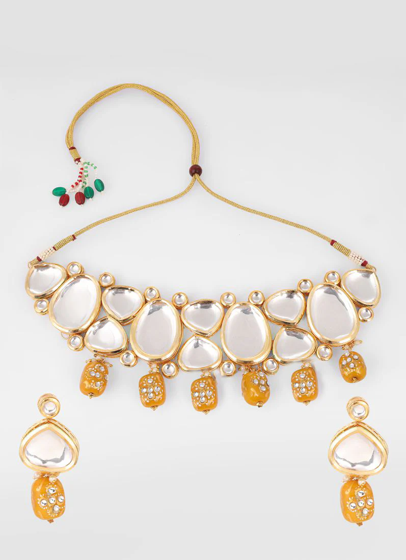 Gold-Mustard Mirror Kundan Necklace Set - Image 2
