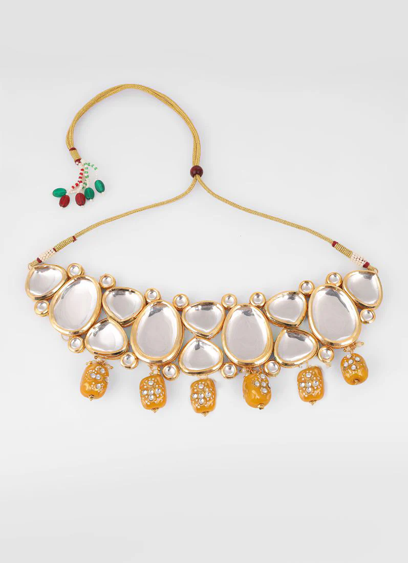 Gold-Mustard Mirror Kundan Necklace Set - Image 4
