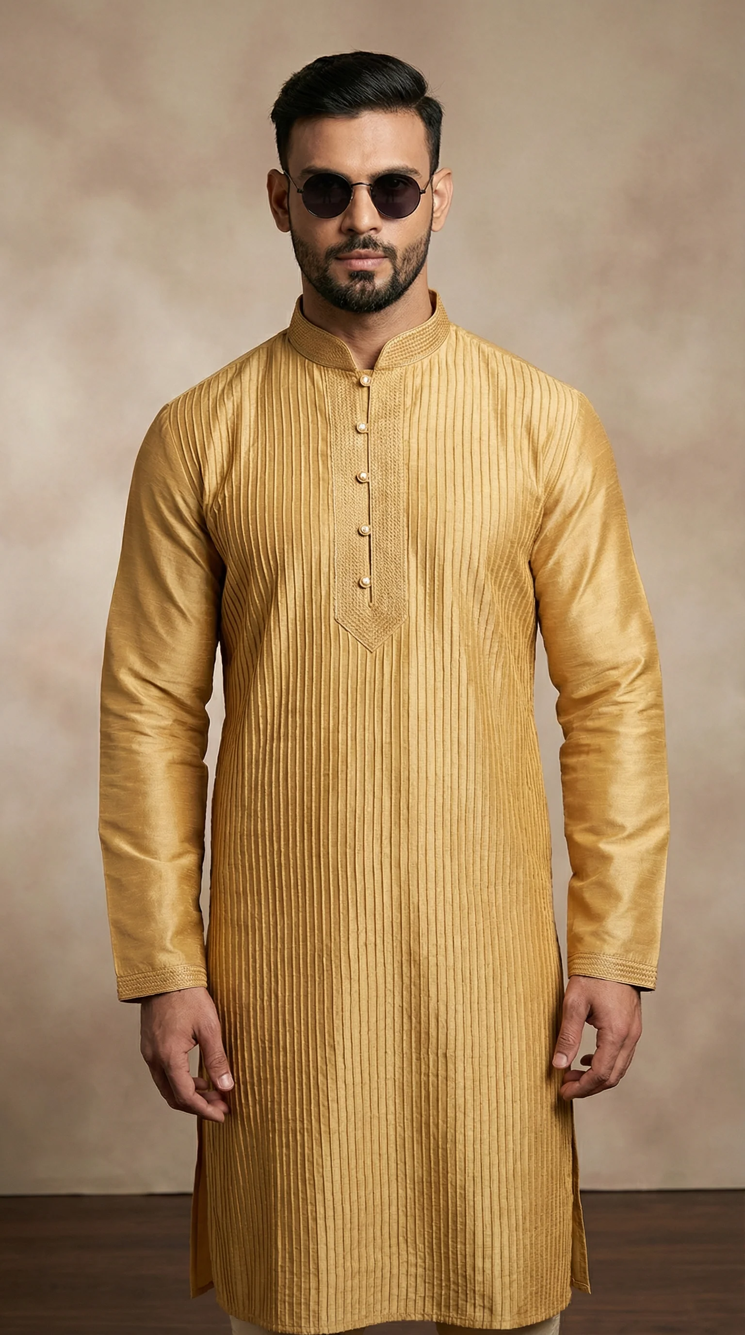 Gold Pintuck Kurta Churidaar Set - Image 2