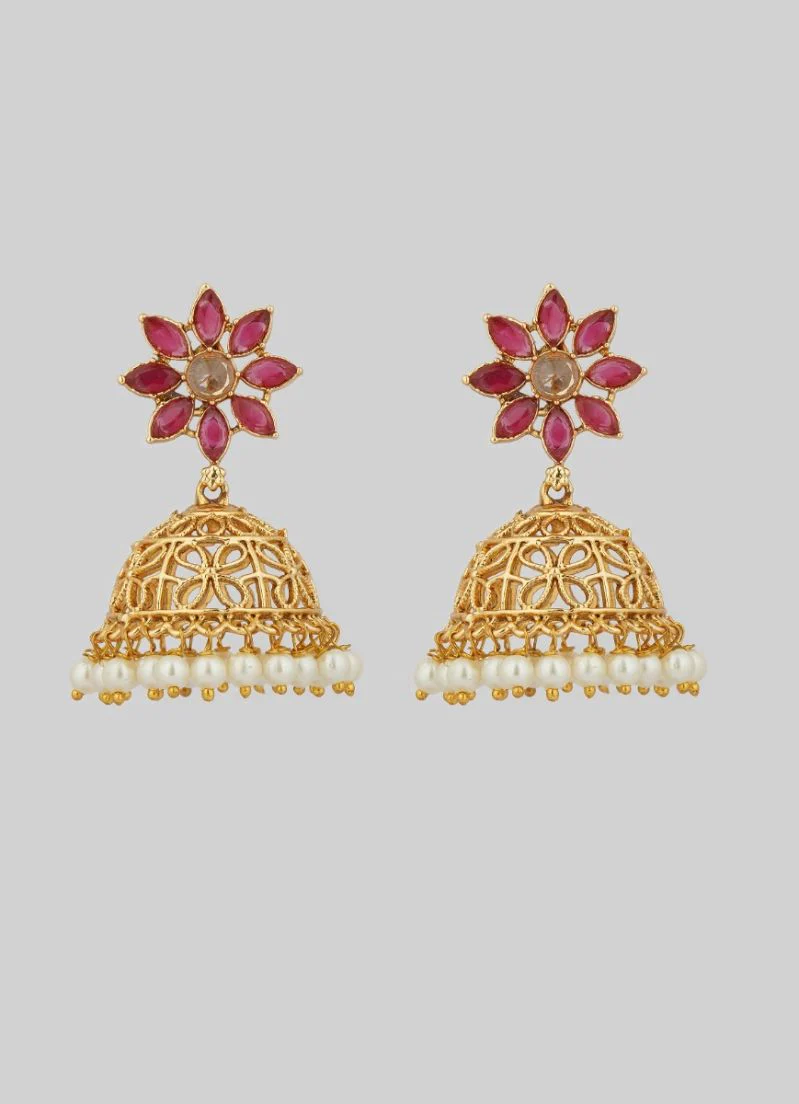 Gold Plated Brass Jumki Earrings with Semi-Precious Ruby Polki and Pearls - Image 2