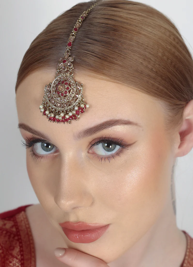 Gold Plated Bridal Tikka with Pearl, Crystal & LCT Stone Work - Image 3