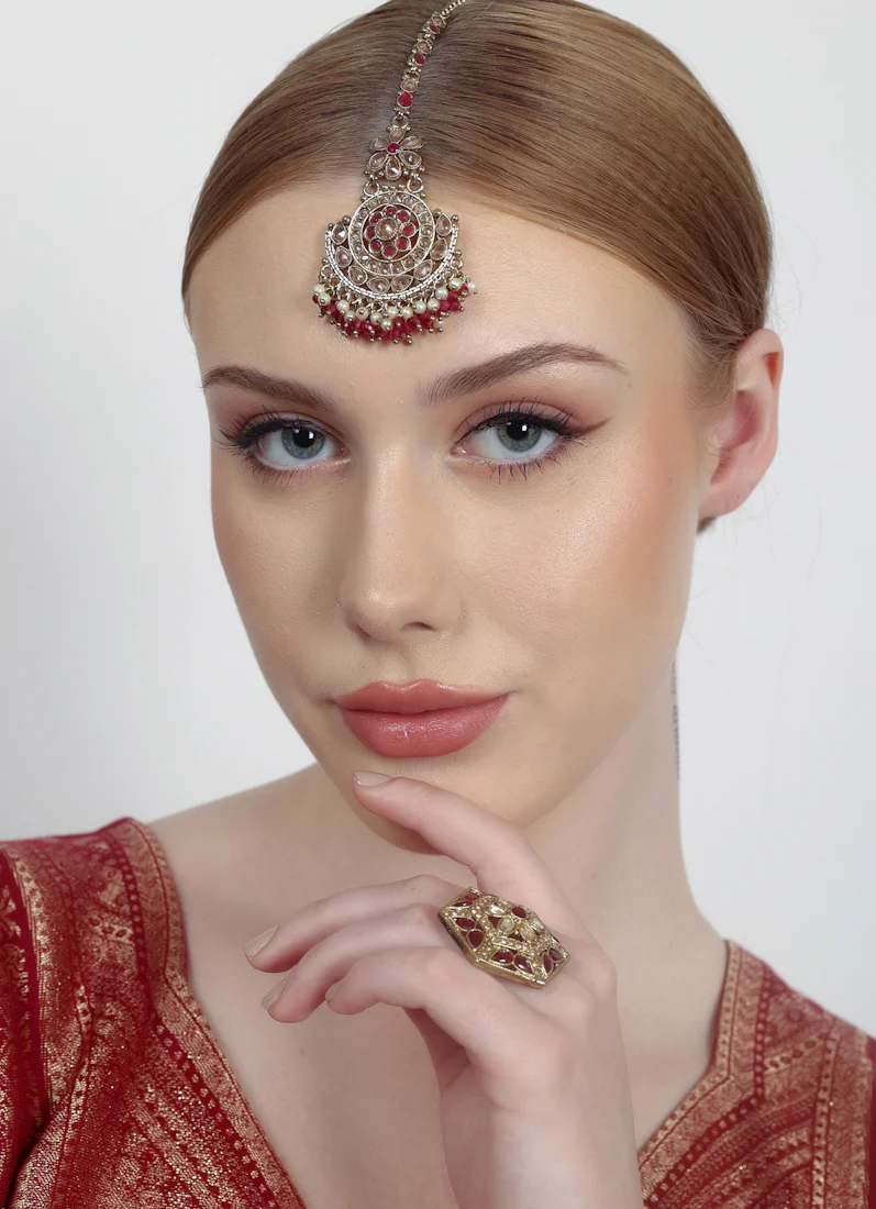 Gold Plated Bridal Tikka with Pearl, Crystal & LCT Stone Work - Image 4
