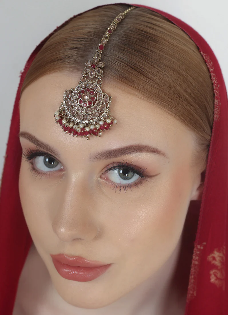 Gold Plated Bridal Tikka with Pearl, Crystal & LCT Stone Work - Image 5