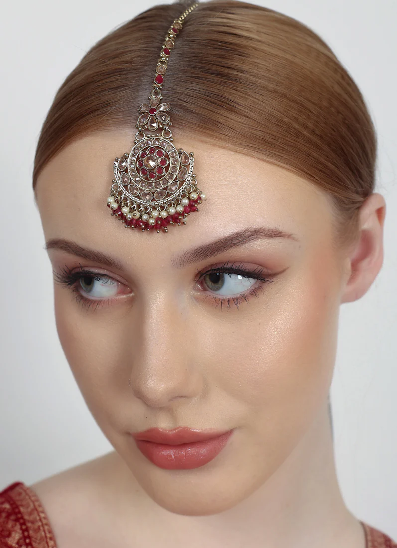 Gold Plated Bridal Tikka with Pearl, Crystal & LCT Stone Work - Image 6