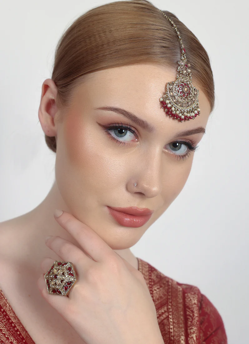 Gold Plated Bridal Tikka with Pearl, Crystal & LCT Stone Work - Image 8