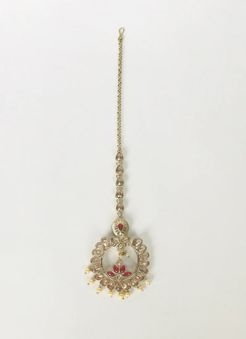 Gold Plated Reverse AD Tikka with Ruby Stones & Pearl Drop - Image 2