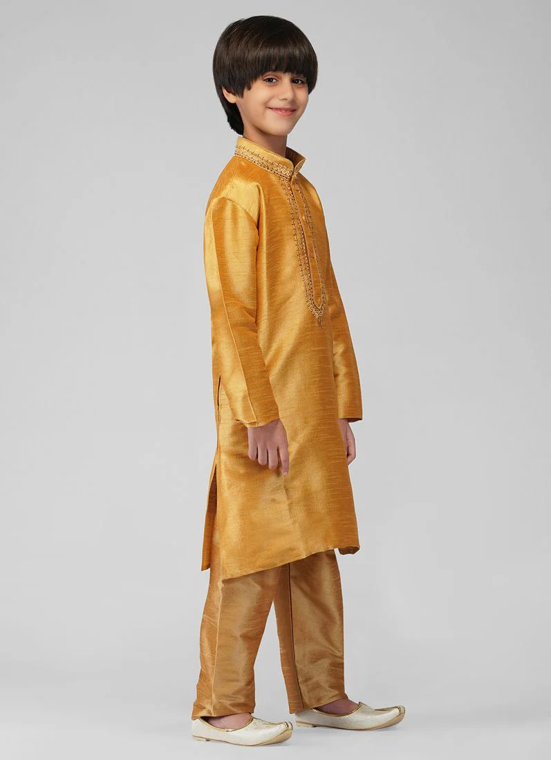 Gold Resham Embroidered Dupion Silk Kurta Churidaar Set - Image 3