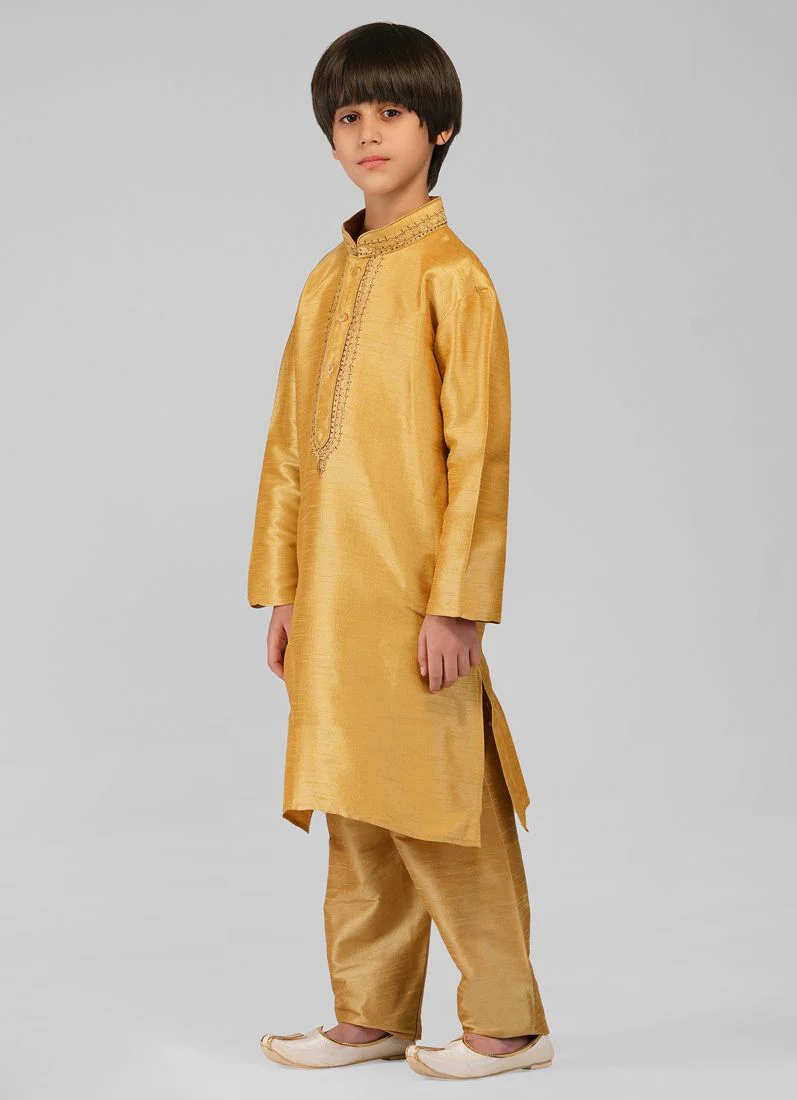 Gold Resham Embroidered Dupion Silk Kurta Churidaar Set - Image 4