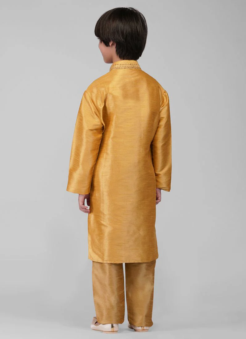 Gold Resham Embroidered Dupion Silk Kurta Churidaar Set - Image 5
