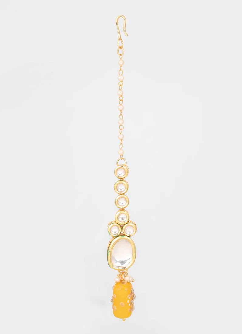 Gold Round Mirror Beads Kundan Necklace Set - Image 5