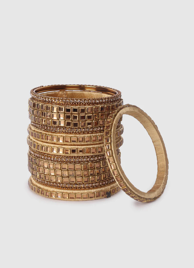 Gold Threadwork Bangle Set with Square Stones - Image 3