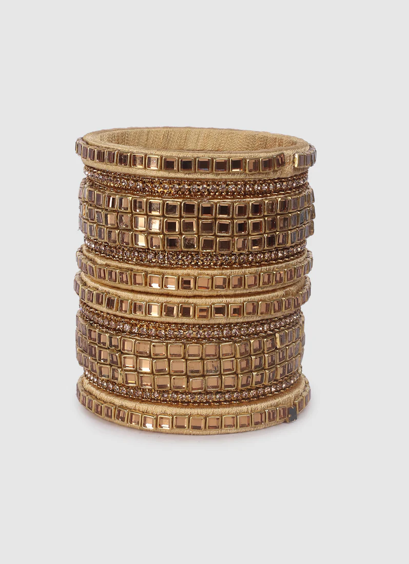 Gold Threadwork Bangle Set with Square Stones - Image 4