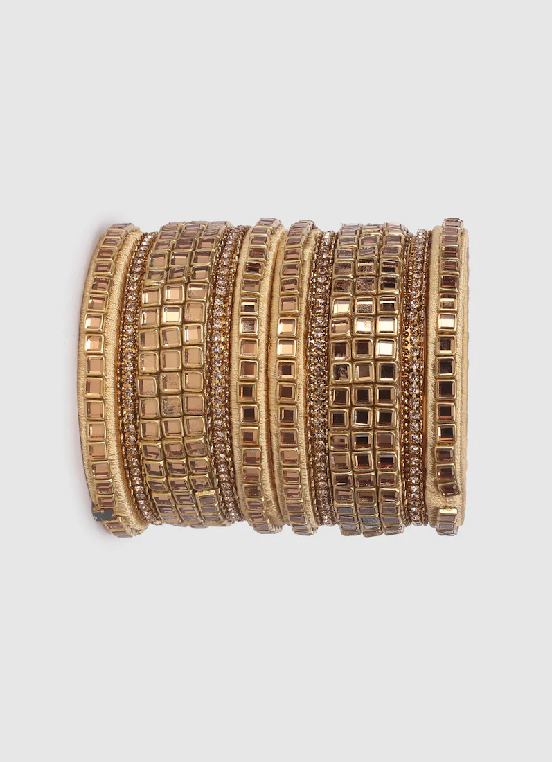 Gold Threadwork Bangle Set with Square Stones - Image 5