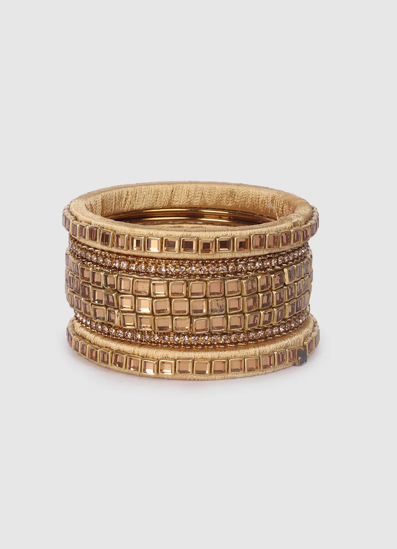 Gold Threadwork Bangle Set with Square Stones - Image 6