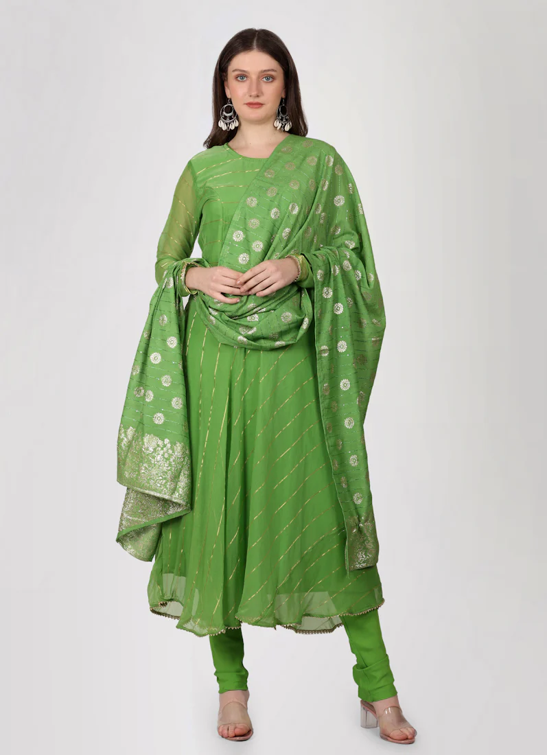 Green Bias Cut Georgette Lurex  Suit Set - Image 2
