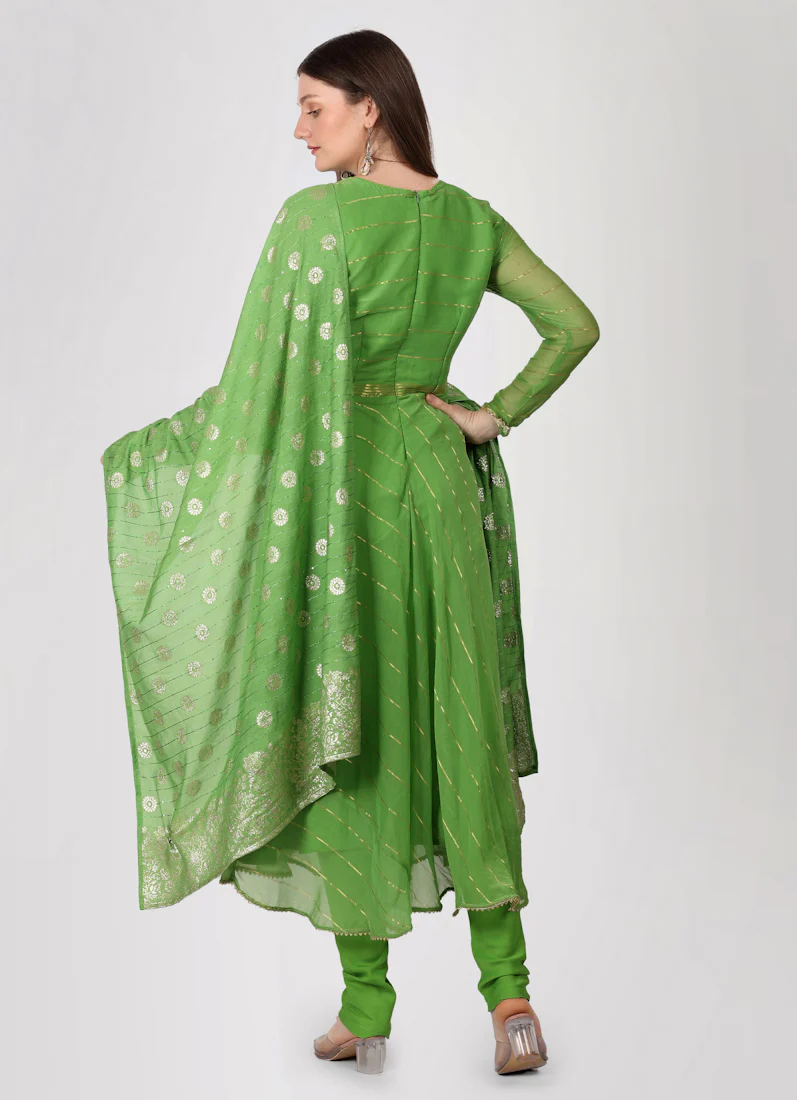 Green Bias Cut Georgette Lurex  Suit Set - Image 3