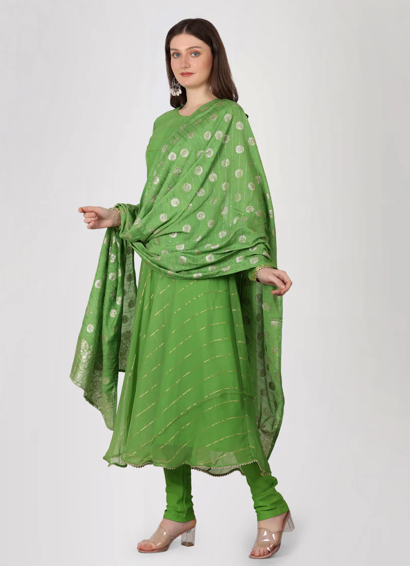 Green Bias Cut Georgette Lurex  Suit Set - Image 4