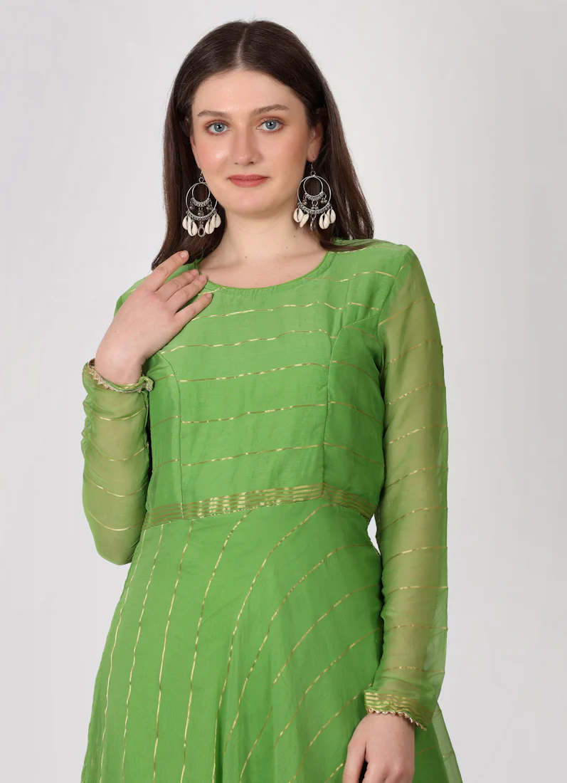 Green Bias Cut Georgette Lurex  Suit Set - Image 5