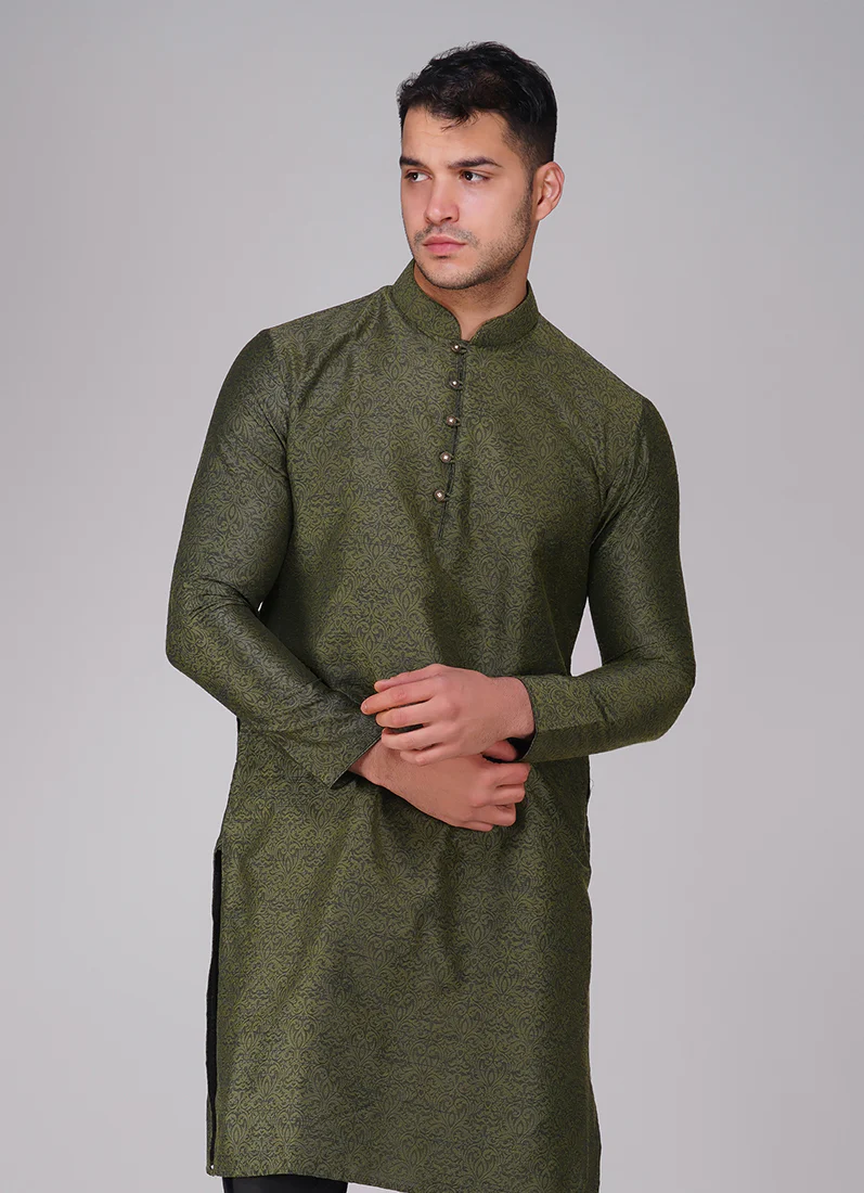 Green Black Resham Brocade Kurta Pajama Set - Image 3