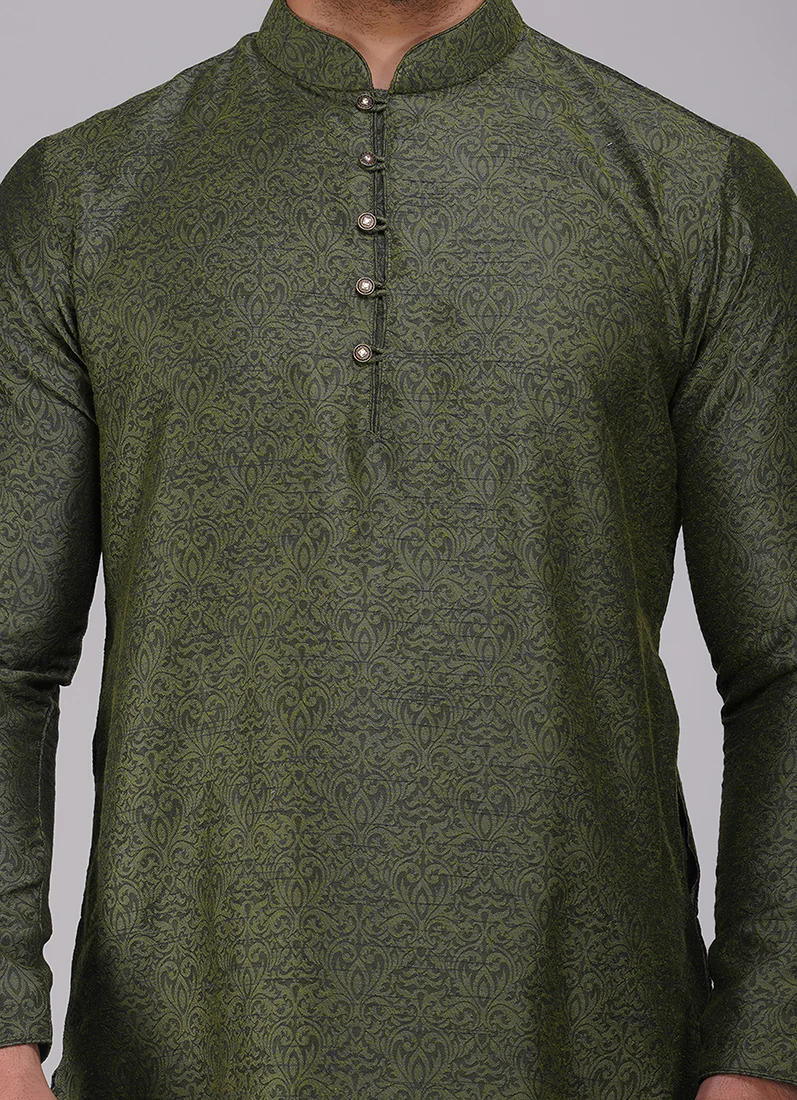 Green Black Resham Brocade Kurta Pajama Set - Image 4