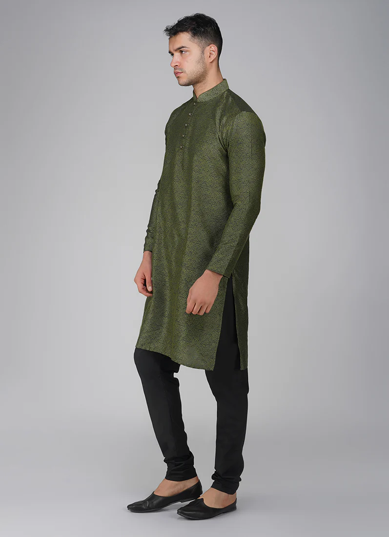 Green Black Resham Brocade Kurta Pajama Set - Image 5