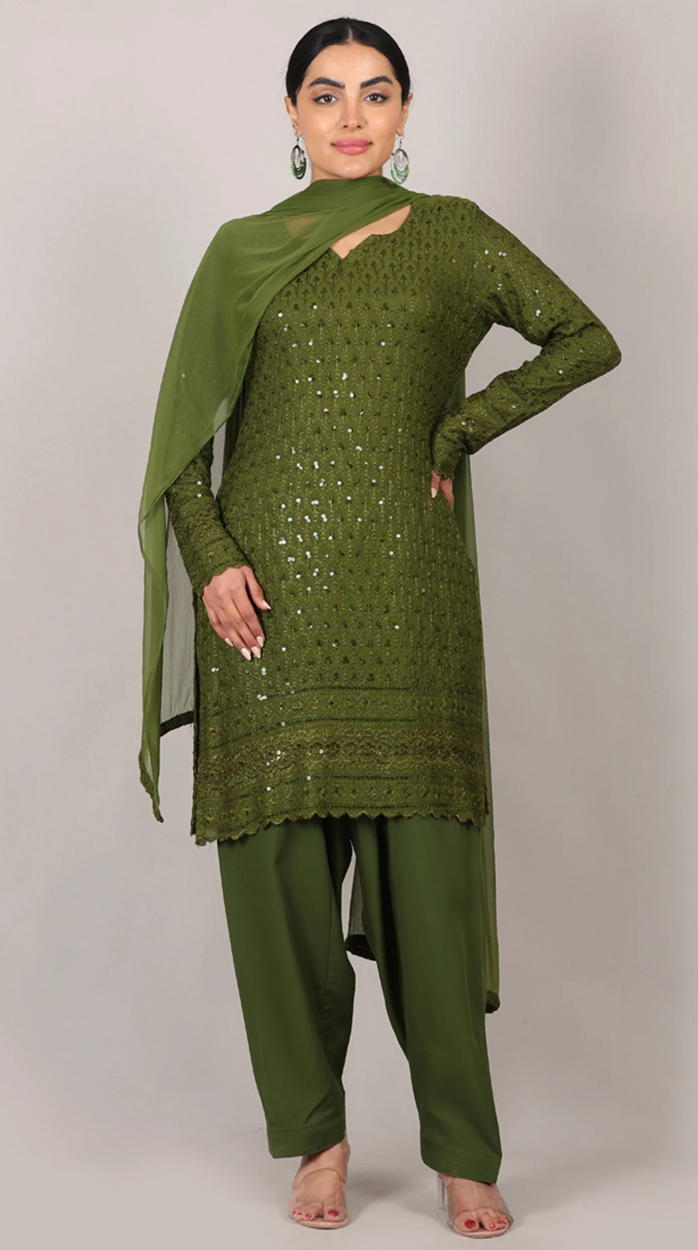 Green Chikankari Rayon Suit Set - Image 3