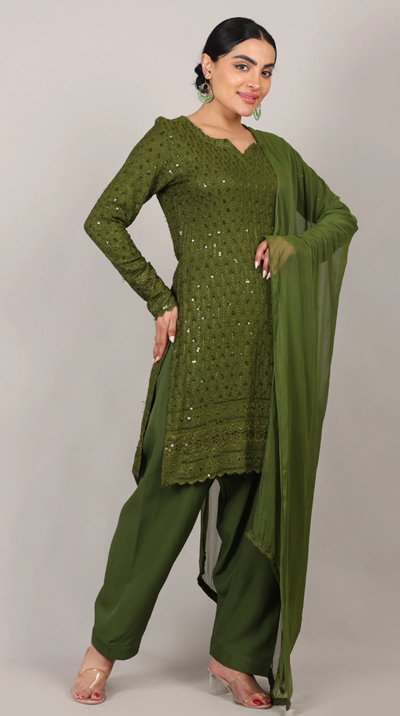 Green Chikankari Rayon Suit Set - Image 4