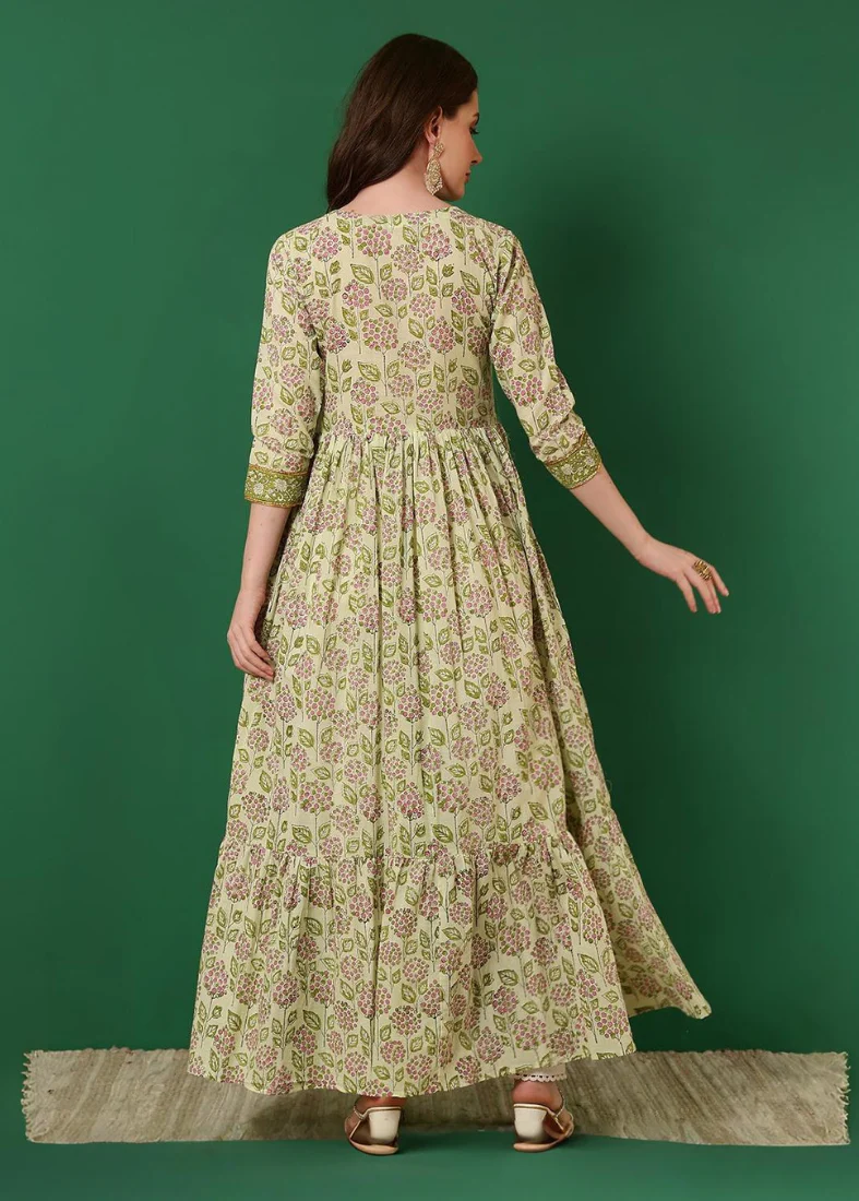 Green Cotton Bias Cut Printed Dress - Image 3