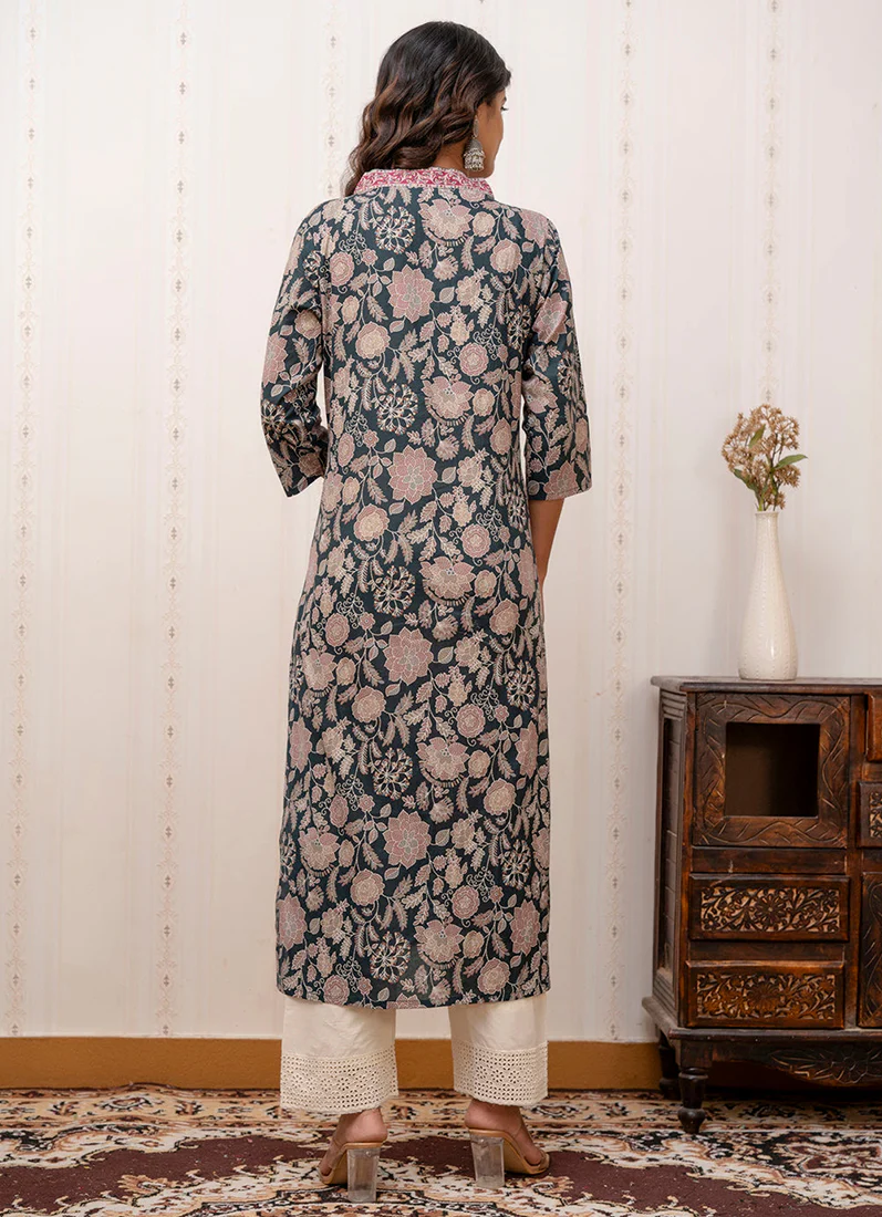 Green Cotton Straight Cut Kurti - Image 3