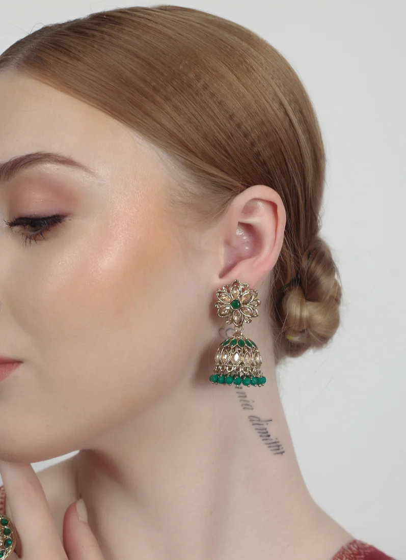 Green Diamonte Jumka Set - Image 3