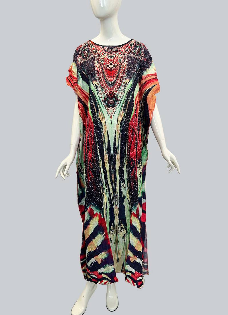 Green Digital Print Kaftan With Silver Stone Embroidery - Image 2