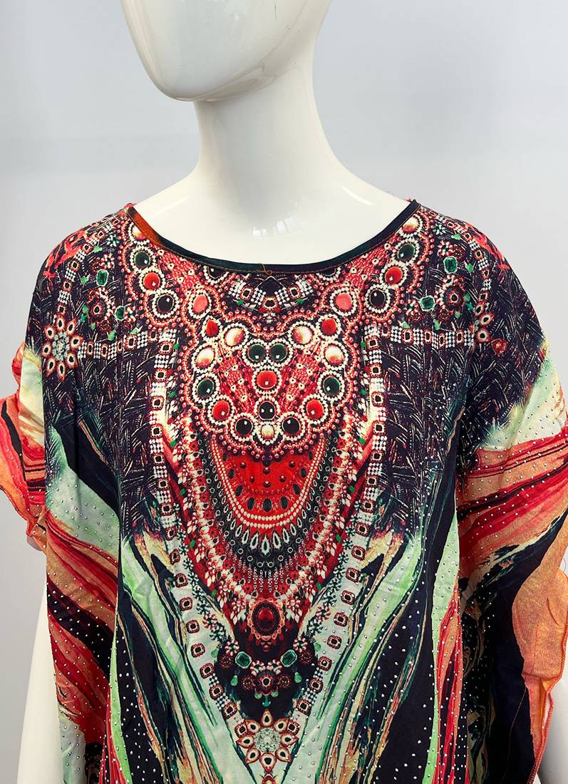 Green Digital Print Kaftan With Silver Stone Embroidery - Image 3