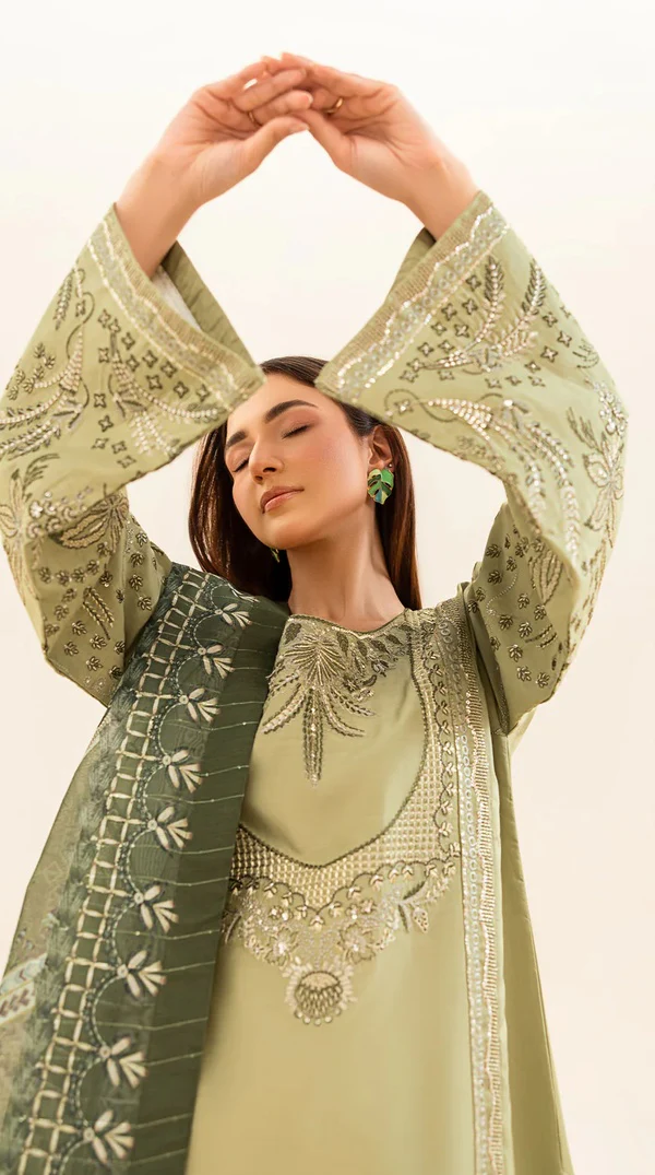 Green Embroidered Pakistani Viscose Kameez Suit - Image 2
