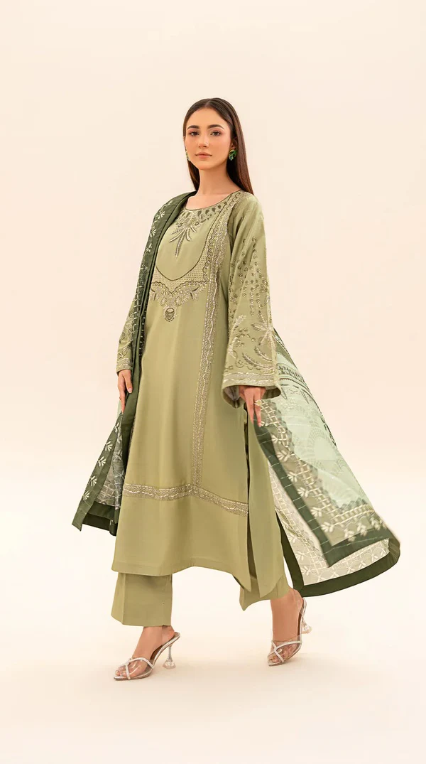 Green Embroidered Pakistani Viscose Kameez Suit - Image 3