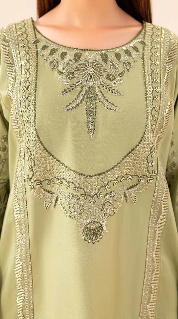Green Embroidered Pakistani Viscose Kameez Suit - Image 5