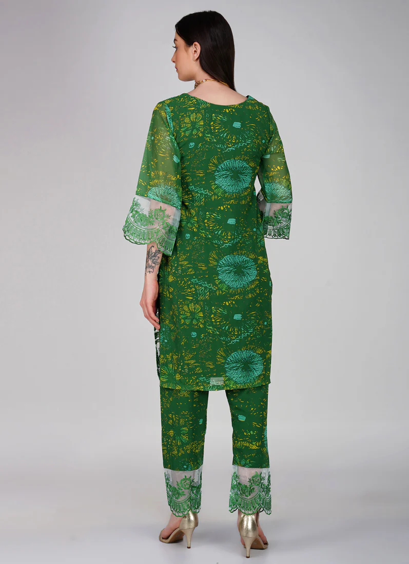 Green Embroidered Straight Cut Trouser Suit Set - Image 3