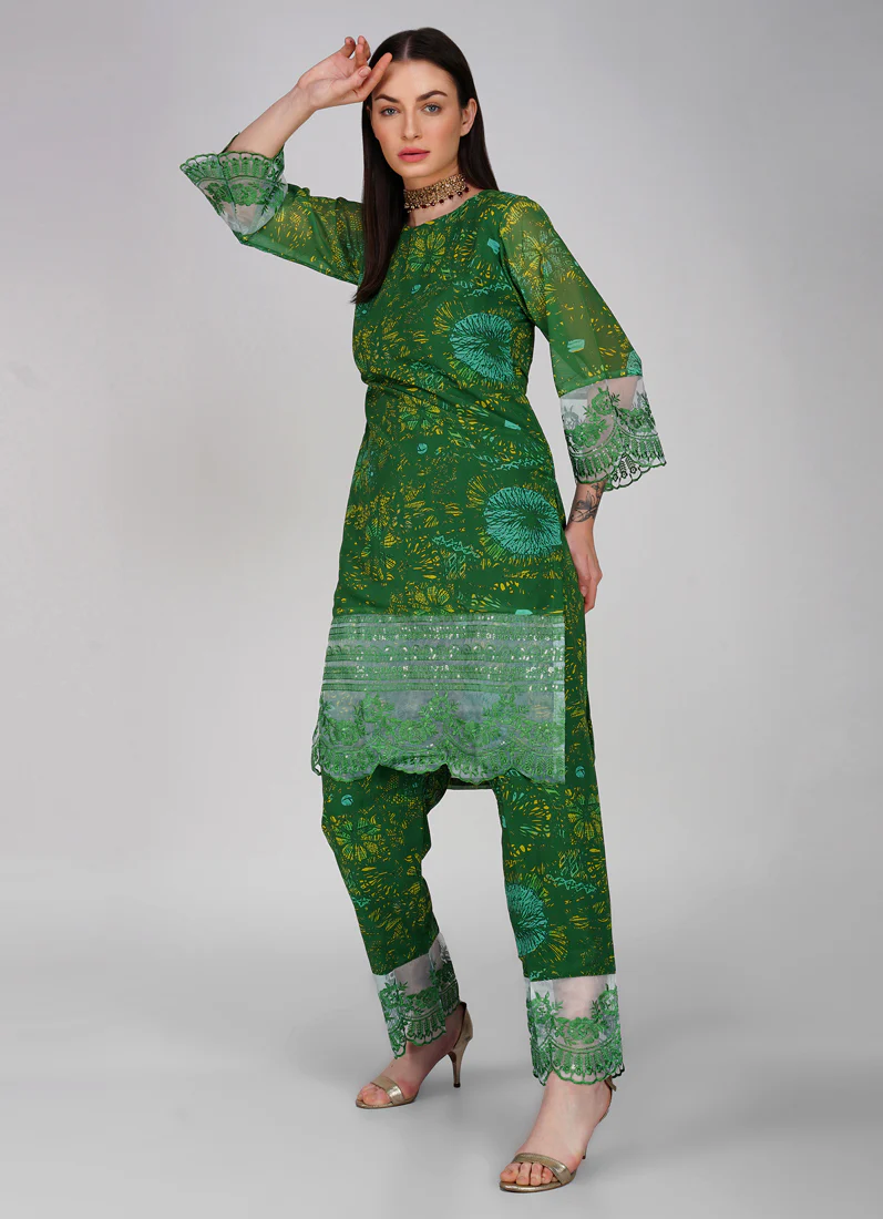 Green Embroidered Straight Cut Trouser Suit Set - Image 4