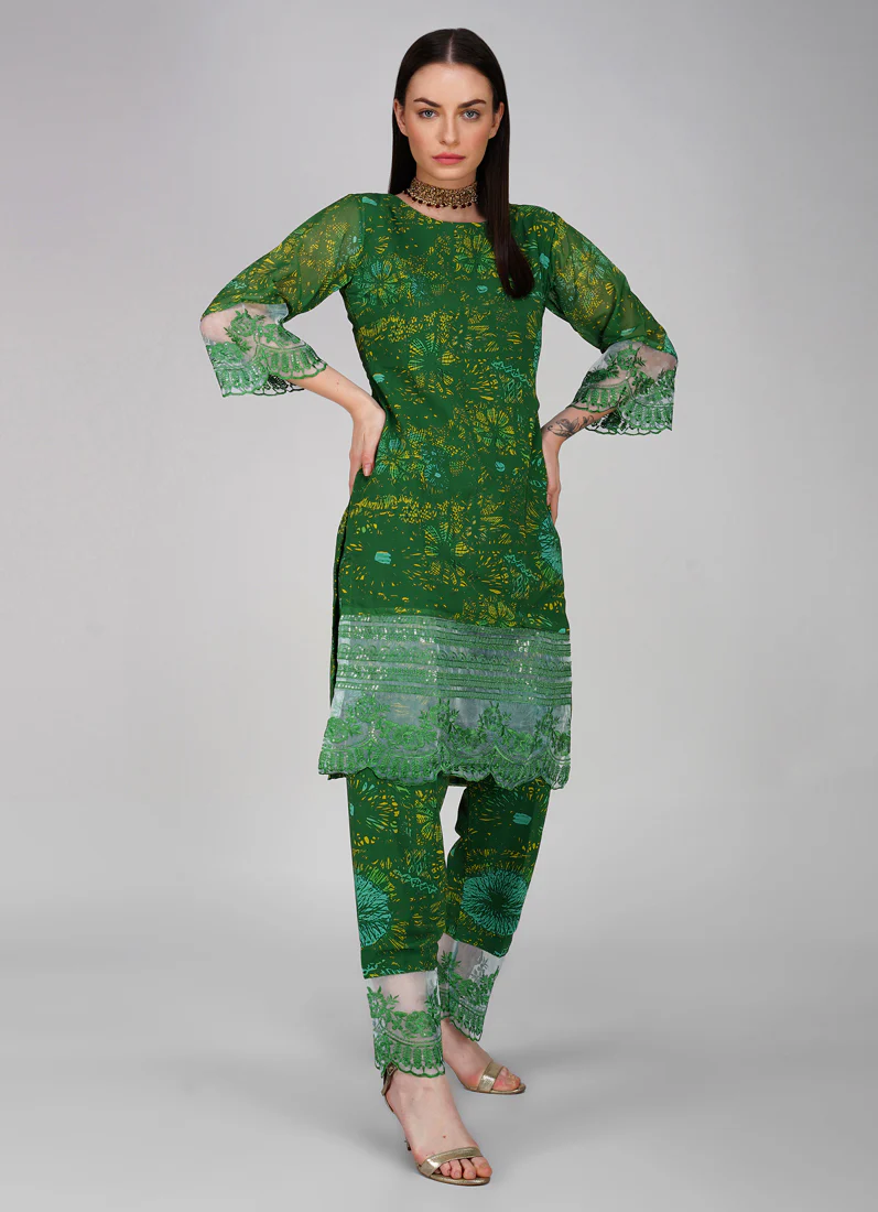 Green Embroidered Straight Cut Trouser Suit Set - Image 5