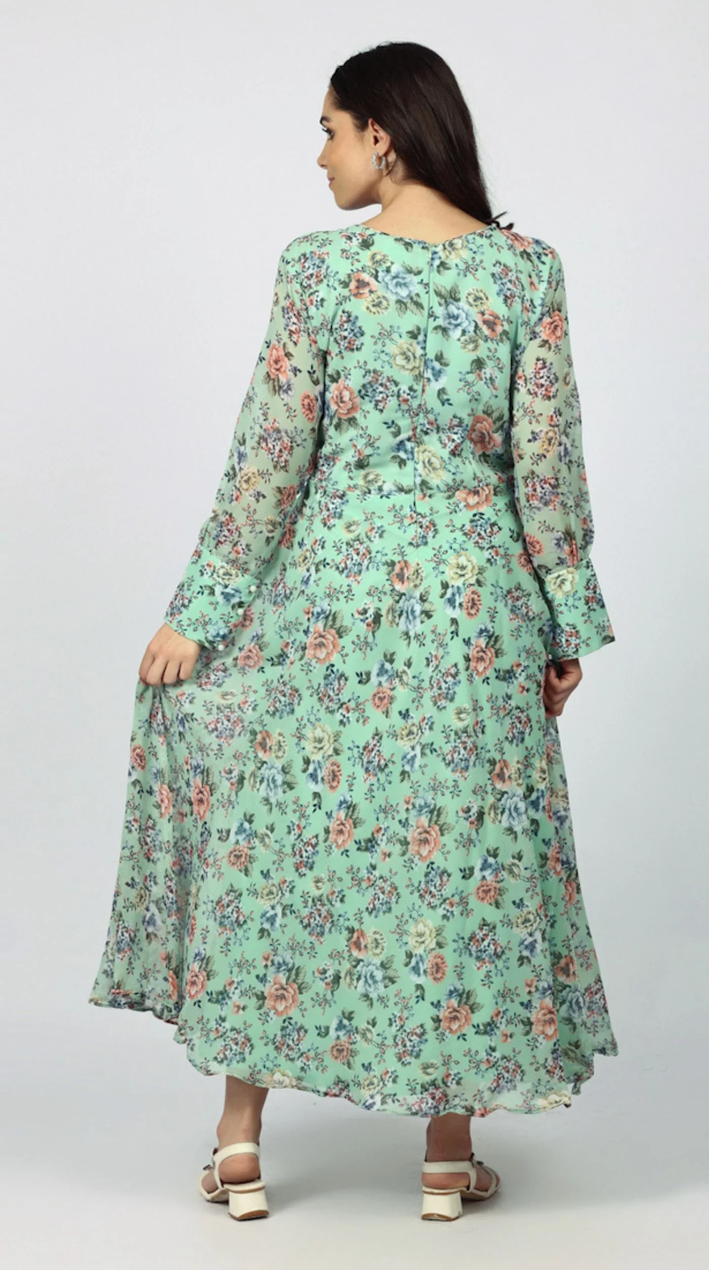 Green Georgette Bias Cut Dress - Image 6