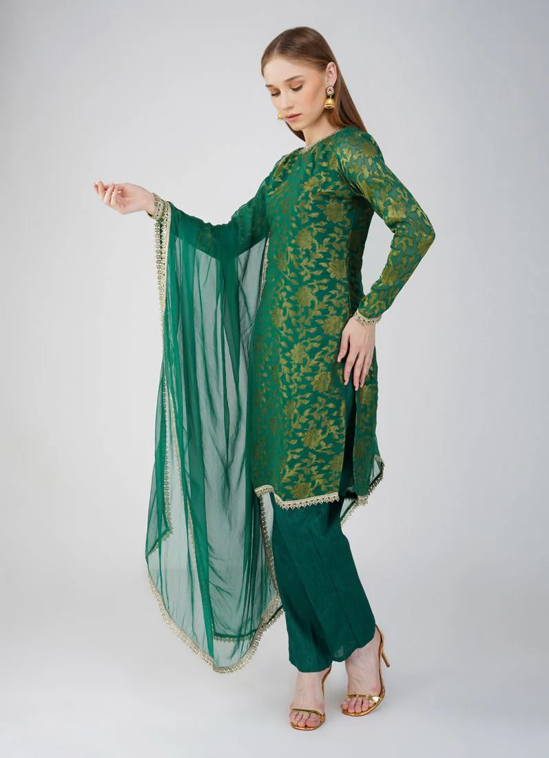 Green Georgette Jacquard Trouser Suit Set - Image 3