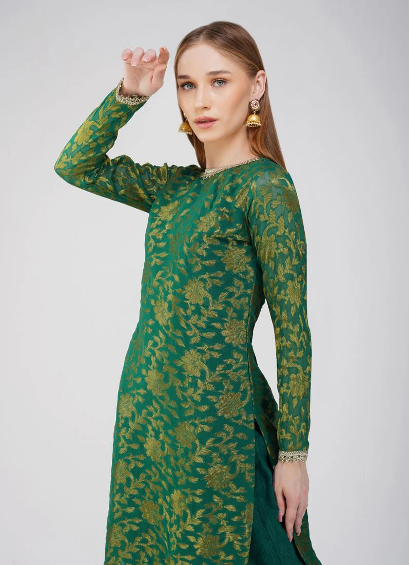 Green Georgette Jacquard Trouser Suit Set - Image 4